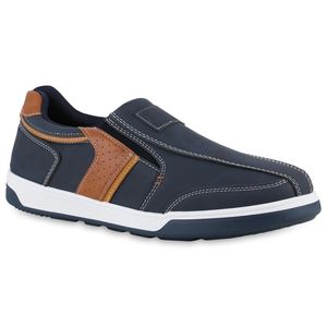VAN HILL Herren Sneaker Slip Ons Slippers Bequeme Profil-Sohle Schuhe 840002, Farbe: Dunkelblau Hellbraun, Größe: 44