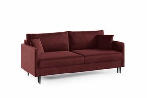 Schlafsofa MERA, Sofa mit Schlaffunktion und Bettkasten, Klappsofa, Schlafcouch mit Füßen, Couch in Velourstoff, Frabe: Bordeaux