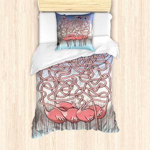 ABAKUHAUS Karikatur Bettbezug Set für Einzelbetten, Fünf Süße Flamingos Hals, Milbensicher Allergiker geeignet mit Kissenbezug, Violettblau Hellblau und Korallenrot