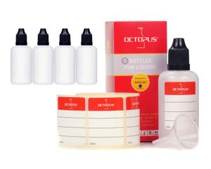 5 Plastikflaschen 50 ml LDPE, G14, Tropfeinsatz, Deckel schwarz, 1 Mini-Trichter