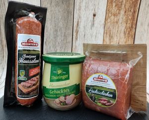 Wurstpaket Oberlausitz | Präsentkorb Edel Salami & geräucherter Schinken am Stück | Fresskorb Fleisch- & Wurstwaren mit Leberwurst im Glas | verfügbar