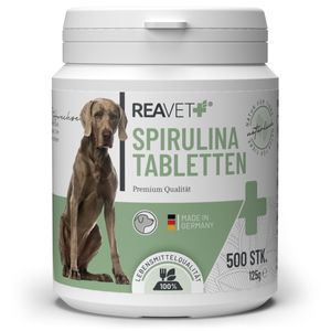 REAVET Spirulina Tabletten für Hunde 500 Stück – Lebensmittelqualität, Mikroalge unterstützt Haut & Fell, Immunsystem & Stoffwechselprozesse, Biologischer Anbau, Vitamine & Mineralstoffe