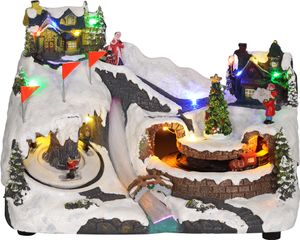 HOMCOM Weihnachtsdorf Weihnachtsstadt mit LED-Leuchtung, Musik, Häuser, Eisläufer, rotierende Eisläufer und beweglicher Zug, Winterlandschaft für Weihnachten, Mehrfarbig