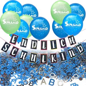 Oblique Unique Schuleinführung Schulanfang Einschulung Deko Set - Endlich Schulkind Girlande Luftballons Konfetti