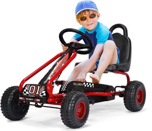 Kinder Gokart mit Handbremse & verstellbarem Sitz, Tretauto Tretfahrzeug mit geschlossenem Kettenkasten & Vor- und Rückwärtsgang,  für Kinder 3-6 Jahren, bis 30 kg belastbar (Rot)