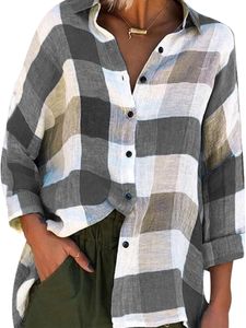 Damen Blusen Karierte Langarmshirt Button Down Hemden Übergroße Hemdbluse Freizeithemd Grau,Größe:5XL