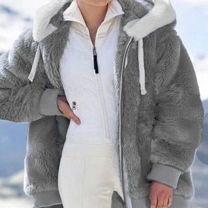 Damen Flauschige Winter Warm Plüschfutter Reißverschluss Kapuzenjacke,Farbe: Dunkelgrau,Größe:5XL