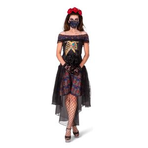 Tag der Toten Skelett Kostüm Skelettkostüm Voodoo Halloween Damen Kleid Karneval 36/38