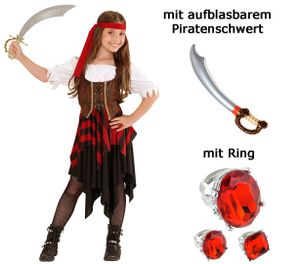 Kinder-Kostüm Abenteuer Piratin -  Piratenkostüm mit Ring + Schwert M - 140 cm