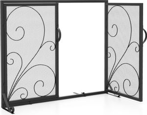COSTWAY Dvoudveřová krbová zástěna, 96 x 78 cm velká, plochá krbová zástěna s magnetickými panely a robustními podpěrnými konzolami na zadní a přední straně, dekorativní kovová ohrádka pro obývací pokoj