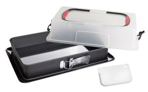 Zenker Rechteck-Springform mit Haube DELUXE, Kuchentransportbox mit Emaille-Boden, Backblech mit Deckel (Farbe: Schwarz/Transparent/Rot), Menge: 1 Stück