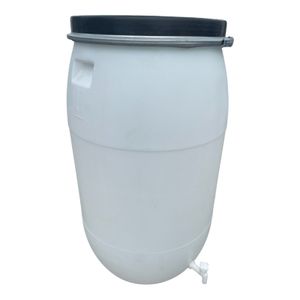 Weithalsfass Futtertonne Fasssilage Gepäcktonne 220 Liter mit Metallring Wasserhahn weiß