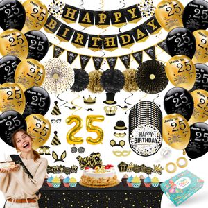 Celejoy® 25 Jahre 92-teilig Schwarz & Gold Geburtstagsfeier-Paket - Ballons, Girlanden & Tortenaufleger - Für Jungen, Mädchen - Ultimative Partydekora
