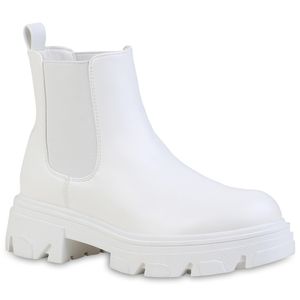 VAN HILL Damen Stiefeletten Chelsea Boots Blockabsatz Profil-Sohle Schuhe 835574, Farbe: Weiß, Größe: 38