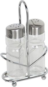 Salz- und Pfefferstreuer aus Glas. mit Ständer Cr Salz- und Pfefferstreuer aus Glas. mit Ständer Cr