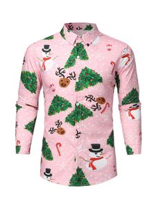 Herren Weihnachtshemd Langarm Hemden Christmas Shirt 3D Druck Slim Fit Freizeithemd Rosa Weihnachten, Größe: L