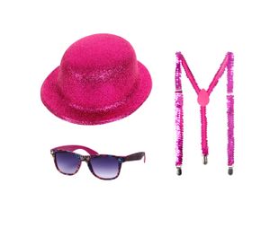 Disco Faschingsoutfit Set Kv-282 Glitzernder Melonen Hut, Glitter-Hosenträger & Sonnenbrille – Uni, Ideal für Karneval, Farbe wählen:pink