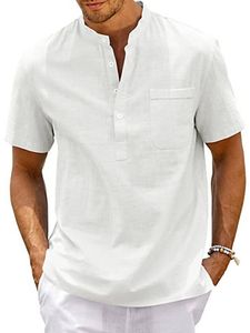 Leinenhemd Herren Hemden Baumwolle Leinen Shirts Kurzarm Tops Regular Fit Freizeithemd Weiß,Größe XL
