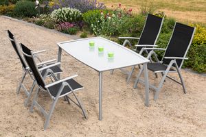 Merxx Gartenmöbelset "Carrara" 5tlg. mit Tisch mit matter Glasplatte 150 x 90 cm - Aluminiumgestell Silber mit Textilbespannung Schwarz Merxx Gartenmöbelset "Carrara" 5tlg. mit Tisch mit matter Glasplatte 150 x 90 cm - Aluminiumgestell Silber mit Textilbespannung Schwarz