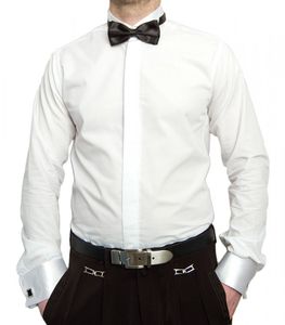 Designer Smokinghemd Weiß mit Schwarzer Fliege Herren Hemd mit Manschettenknöpfe Smoking Kragen Langarm , Größe klassische Hemden:45 / XXL, Farbe Stehkragen:Weiß