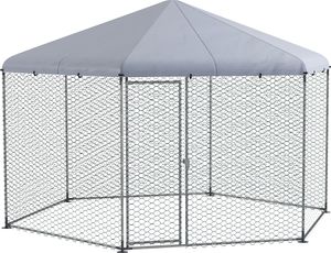 PawHut Hühnerstall 400 x 346 x 263 cm Freilaufgehege aus Stahl, Hühnerkäfig mit Abdeckung, Tür, Hühnergehege für 10-15 Hühner, Kleintiere, Grau