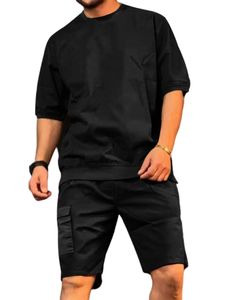 Herren Freizeitanzug Baumwolle Kurzarm T-Shirt und Hose Sommer Klassische Trainingsanzüge Schwarz,Größe L