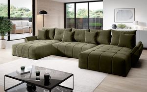 Vigo Velvet Monolith Ecksofa in U-Form 382 cm x 190 cm -  Schlafsofa mit Bettkasten - Couch mit Stauraum und Kissen - Sofa mit Schlaffunktion - Ausziehbares Schlafsofa - Farbe: Olive (M-38)