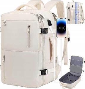 Delgeo Reiserucksack für Damen und Herren, Großer Handgepäck-Rucksack, Erweiterbare Handgepäcktasche, 17-Zoll-Laptop-Rucksack für Reisen, Beige