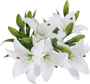 Künstliche Blumen, 5 Stück Real Touch Latex Künstliche Lilien Blumen in Vasen Blumensträuße für Hochzeit/Heimdekoration/Party/Grab Arrangement(Weiß)