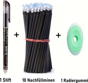 GKA 12 teilig Löschbarer Gelstift schwarz mit 10 Nachfüllminen 0,5 mm und Radierer Gelschreiber Minen Kugelschreiber