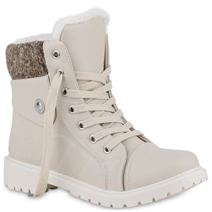 VAN HILL Damen Warm Gefütterte Worker Boots Bequeme Profil-Sohle Schuhe 840853, Farbe: Beige, Größe: 39