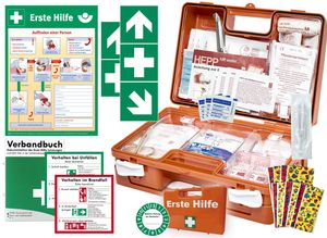 Erste-Hilfe-Koffer KITA PLUS -Komplettpaket- aktuelle DIN/EN 13157 für Betriebe + DIN/EN 13164 für KFZ - incl. 1.Hilfe-Aufkleber & 1. Hilfe AUSHANG