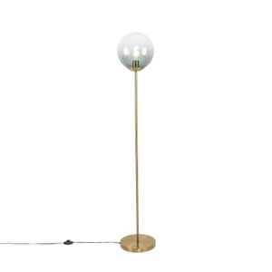 QAZQA - Art Deco Art Deco Stehleuchte | Stehlampe | Standleuchte | Lampe | Leuchte Messing mit grünem Glas - Pallon Mezzi | Wohnzimmer | Schlafzimmer - Länglich - LED geeignet E27