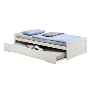 Ausziehbett LORENA in 90 x 190 cm, schönes Tagesbett aus Kiefer massiv in weiß, praktisches Jugendbett mit Auszugskasten