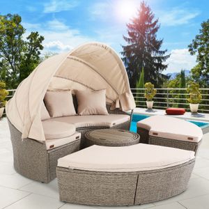 CASARIA® Sonneninsel Lounge Set ø185cm Polyrattan Faltbares Sonnendach Ausziehtisch 7cm Sitzauflagen Wetterfest Outdoor Sonnenliege Gartenliege Beige