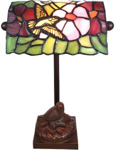 Clayre & Eef Tiffany Tischlampe 15x15x33 cm  Grün Rosa Glas Vogel