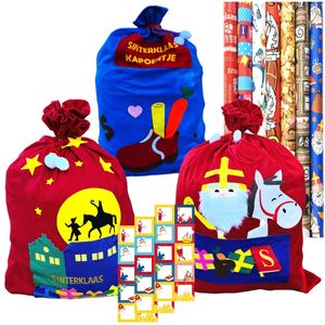 Schön detaillierte Sinterklaas-Geschenktüten (3 Stück), inkl. 60 Namensaufkleber und 7 Rollen Geschenkpapier 3 m x 70 cm