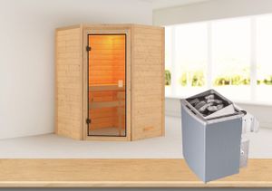 Woodfeeling Sauna Antonia (Eckeinstieg), Ganzglastür, bronziert, Ofen 9 kW integr. Steuerung