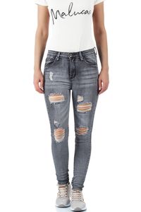 Damen Mid Waist Jeans Skinny Hose Destroyed Stretch Denim, Größe:42, Farbe:Grau