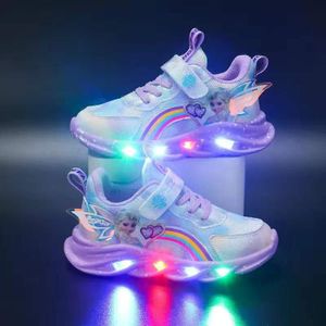 Leuchtende Sportschuhe Cartoon Elsa Prinzessin Mesh Sneakers LED-Licht Jungen Mädchen Kinderschuhe klett schuhe Lila Größe 32