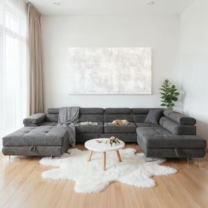 Ecksofa U-Form 345 x 202 cm Grau Rechts mit Schlaffunktion und 2 Bettkästen – Aller U XXL Ecksofa U-Form 345 x 202 cm Grau Rechts mit Schlaffunktion und 2 Bettkästen – Aller U XXL
