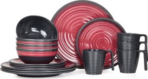 Melamin Camping Geschirr Set 4 Personen Stone Red + 4 Tassen Stone Kaffetassen Becher Tafelgeschirr Picknick BBQ Kochgeschirr