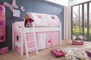 Relita Halbhohes Spielbett Kim Buche massiv weiß lackiert mit Textil-Set, pink/weiß