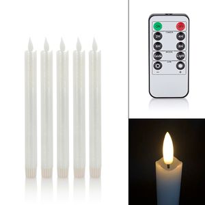 5 LED Stabkerzen Tafelkerzen mit Echtflamme, Fernbedienung, Dimmer und Timer aus Echtwachs - Weiß