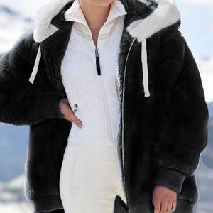 Damen Flauschige Winter Warm Plüschfutter Reißverschluss Kapuzenjacke,Farbe: Schwarz,Größe:XL