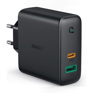 Aukey PA-D1, 30W PD nabíjačka 2xUSB s dynamickou detekciou pre USB-C a USB zariadenia Dvojportová PD nabíjačka