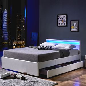 HOME DELUXE - LED Bett NUBE mit Schubladen 140 x 200 Weiß Polsterbett Bett inkl. Lattenrost