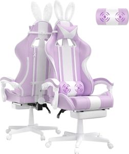 Krzesło do gier Ergonomiczny fotel do gier z podnóżkiem Krzesło do gier z zagłówkiem i poduszką lędźwiową Krzesło komputerowe Racing Krzesło komputerowe z uszami królika Fioletowy