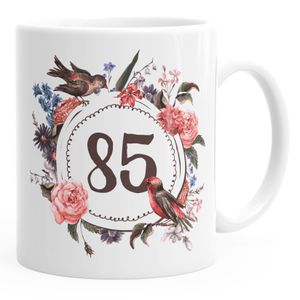 Geburtstags-Tasse 85 fünfundachzig Geschenk-Tasse Kaffee-Tasse Blumen Blüten Blumenkranz MoonWorks® weiß unisize