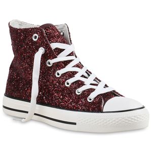 Mytrendshoe Modische Damen Sneakers High Glitzer Turnschuhe Schnürer 816074, Farbe: Dunkelrot, Größe: 36
